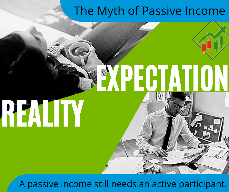 Split-image graphic contrasting the expectation of passive income—relaxing with a coffee—with the reality of a busy professional working at a desk surrounded by paperwork.