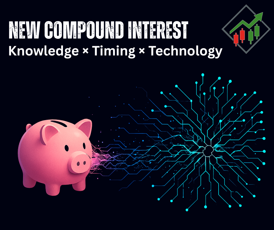 Graphic showing a pink piggy bank transforming into a digital network pattern, symbolizing modern compound interest through knowledge, timing, and technology.